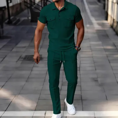 Men'S Fashion Casual Summer Solid Color Waffle Lapel Double Pocket Polo Shirt Slim-Fit Pants Two-Piece Set