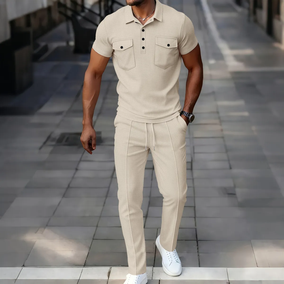 Men'S Fashion Casual Summer Solid Color Waffle Lapel Double Pocket Polo Shirt Slim-Fit Pants Two-Piece Set