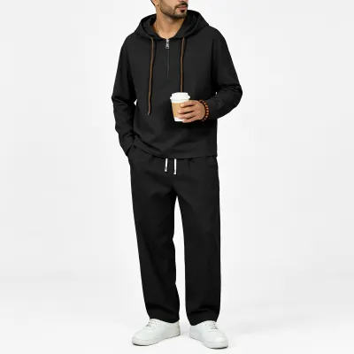 Men'S Fashion Casual Spring And Autumn Solid Color Linen Half Zipper Long Sleeve Hoodies Drawstring Pants Two-Piece Set