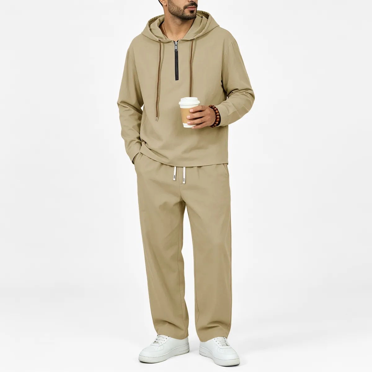 Men'S Fashion Casual Spring And Autumn Solid Color Linen Half Zipper Long Sleeve Hoodies Drawstring Pants Two-Piece Set