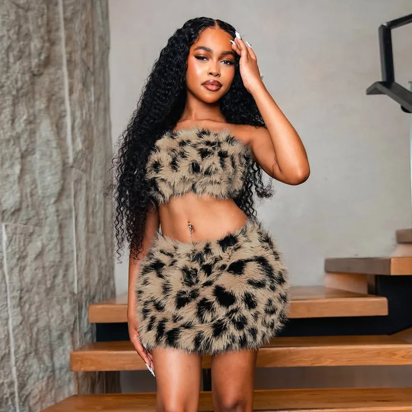 Women Fashion Sexy Leopard Tube Top Low Waist Mini Skirt Two-Piece Set