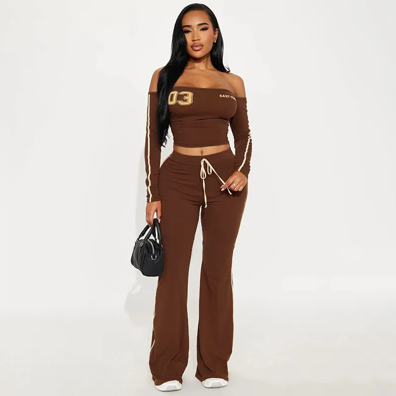 Women Fashion Sexy Letter Off-Shoulder Long Sleeve Crop Top Wide Leg Pants Two-Piece Set