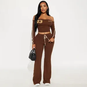 Women Fashion Sexy Letter Off-Shoulder Long Sleeve Crop Top Wide Leg Pants Two-Piece Set
