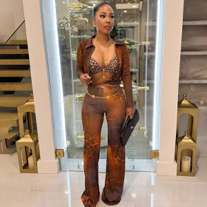 Women Fashion Sexy Printed Mesh Lapel Long Sleeve Button Cardigan Pants Two-Piece Set