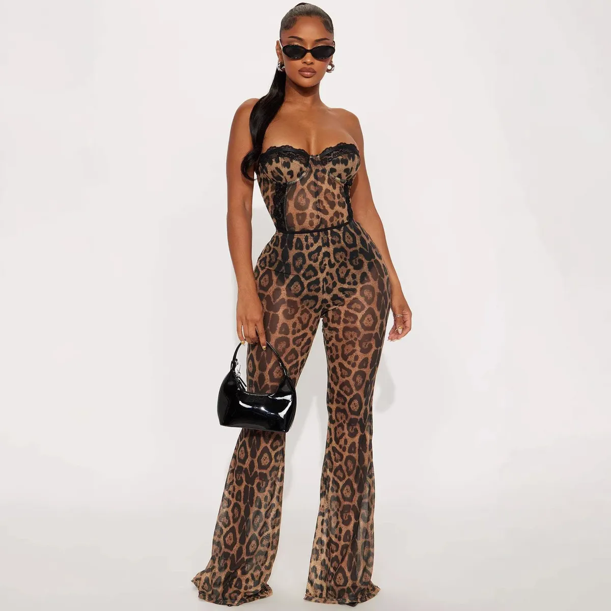 Women Fashion Sexy Leopard Print Tube Top Slim-Fit Pants Two-Piece Set