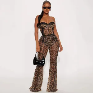Women Fashion Sexy Leopard Print Tube Top Slim-Fit Pants Two-Piece Set