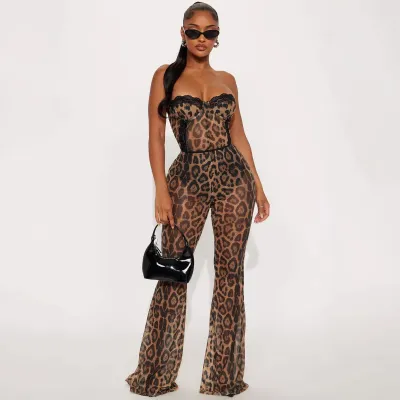 Women Fashion Sexy Leopard Print Tube Top Slim-Fit Pants Two-Piece Set