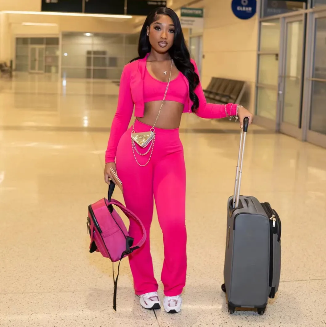Women Fashion Autumn Solid Color Bra Long-Sleeve Jacket Tight Waist Pants Three-Piece Set