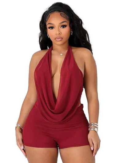 Women Fashion Sexy Solid Color Mesh Halter-Neck Swing Collar Backless Camisole Tight Shorts Two-Piece Set