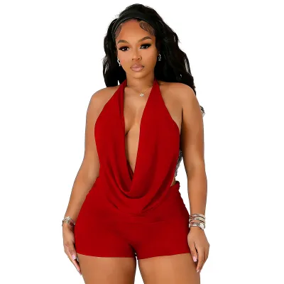 Women Fashion Sexy Solid Color Mesh Halter-Neck Swing Collar Backless Camisole Tight Shorts Two-Piece Set