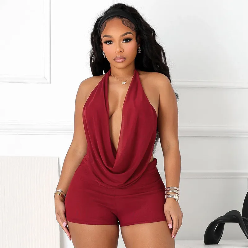 Women Fashion Sexy Solid Color Mesh Halter-Neck Swing Collar Backless Camisole Tight Shorts Two-Piece Set