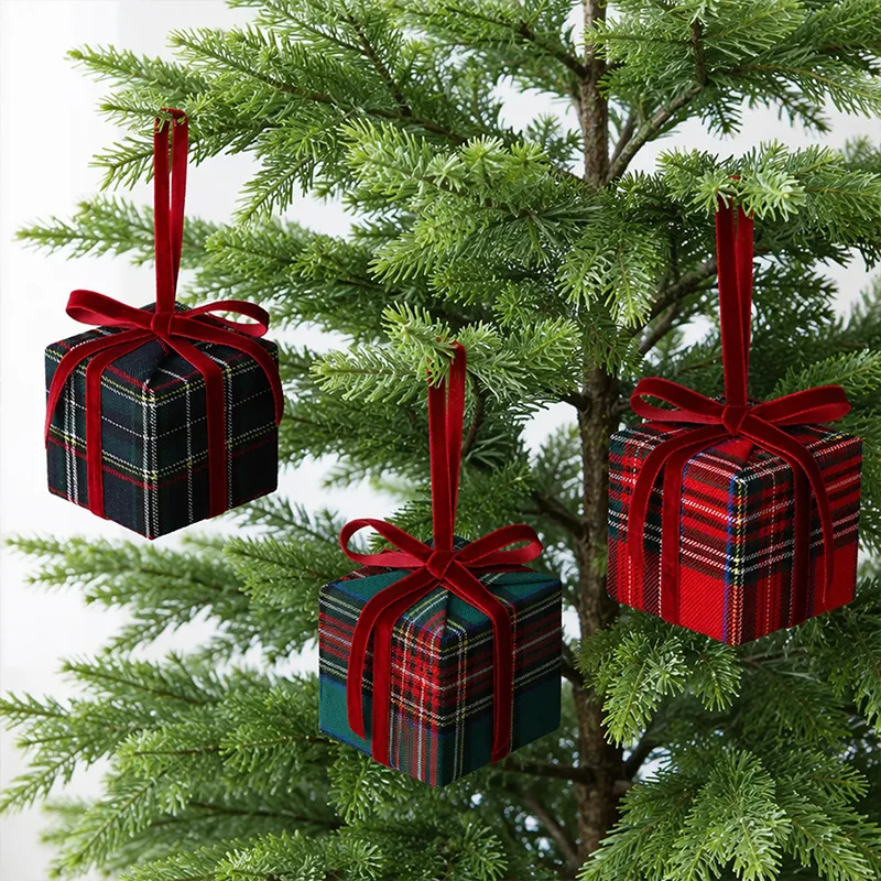Fashion Christmas Plaid Bow Gift Bag Hanging Christmas Tree Fabric Crafts Holiday Decoration
