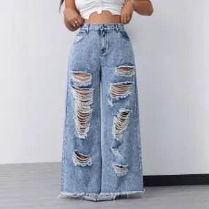 Women Casual Fashion Ripped Wide Leg Jeans
