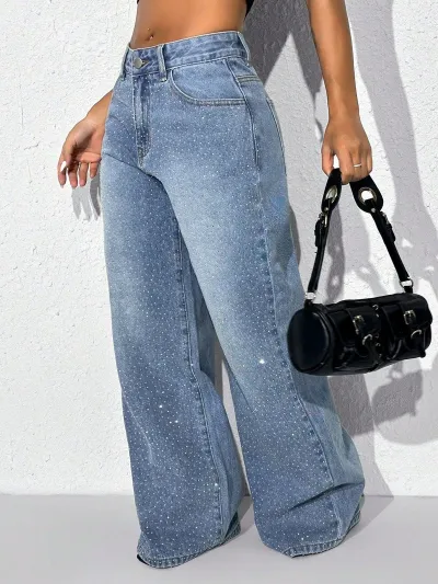 Women Fashion Rhinestone Wide Leg Jeans