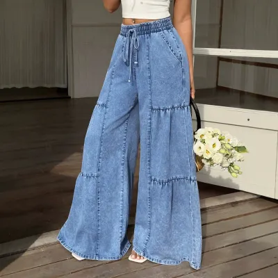 Women Casual Drawstring Waist Stitching Wide Leg Jeans