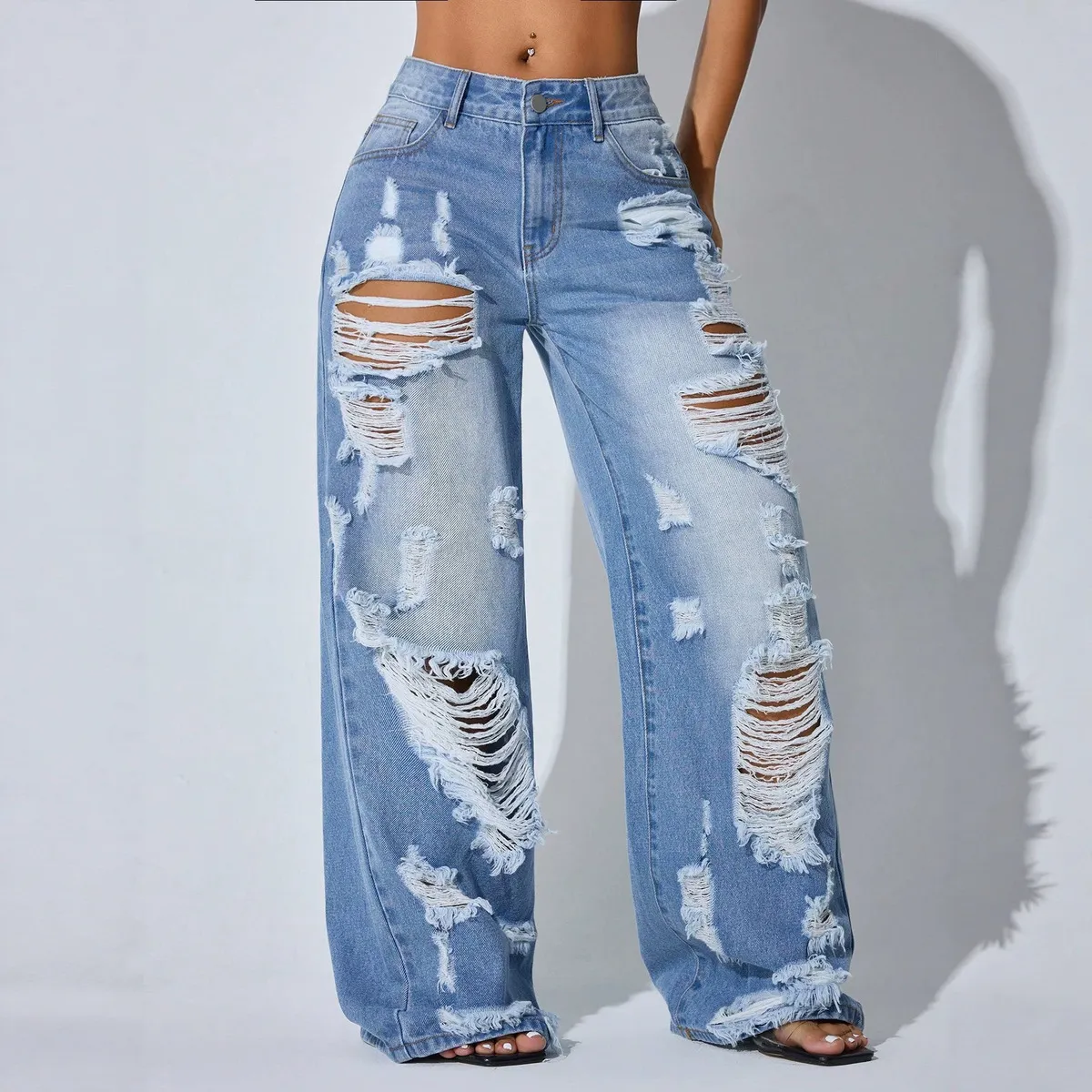 Women Fashion Casual Ripped Wide-Leg Jeans