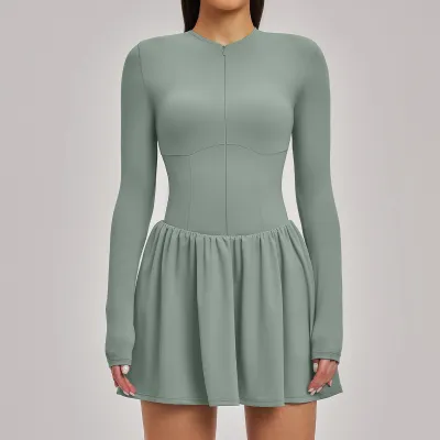 Women Outdoor Sports Solid Color Long Sleeve Tennis Dress