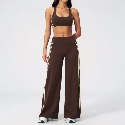 Women Outdoor Fitness Contrast Stitching Yoga Bra And Wide Leg Pants Sport Two-Piece Set