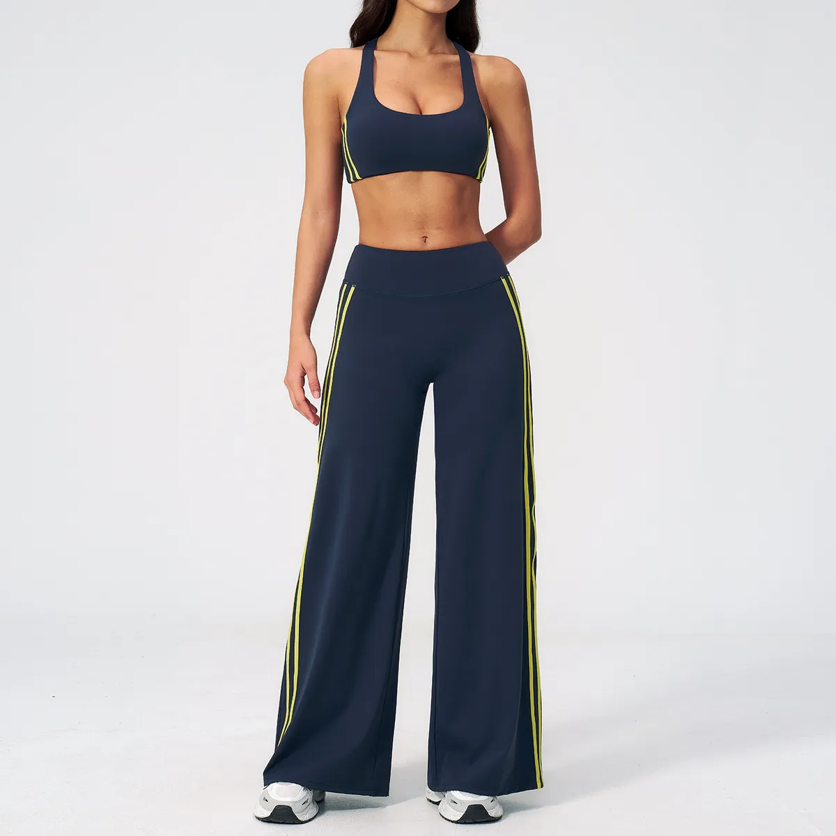 Women Outdoor Fitness Contrast Stitching Yoga Bra And Wide Leg Pants Sport Two-Piece Set