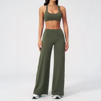 Women Outdoor Fitness Contrast Stitching Yoga Bra And Wide Leg Pants Sport Two-Piece Set