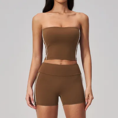 Women Fashion Fitness Strapless Top And Shorts Sport Two-Piece Set