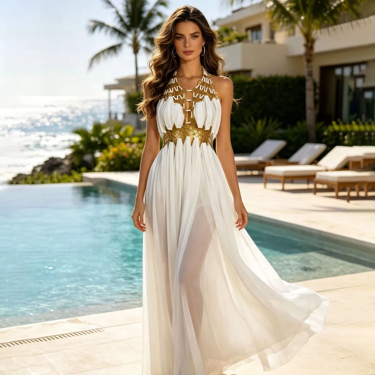 Women Fashion Sexy Solid Color Halter-Neck Metallic Hollow Party Dress