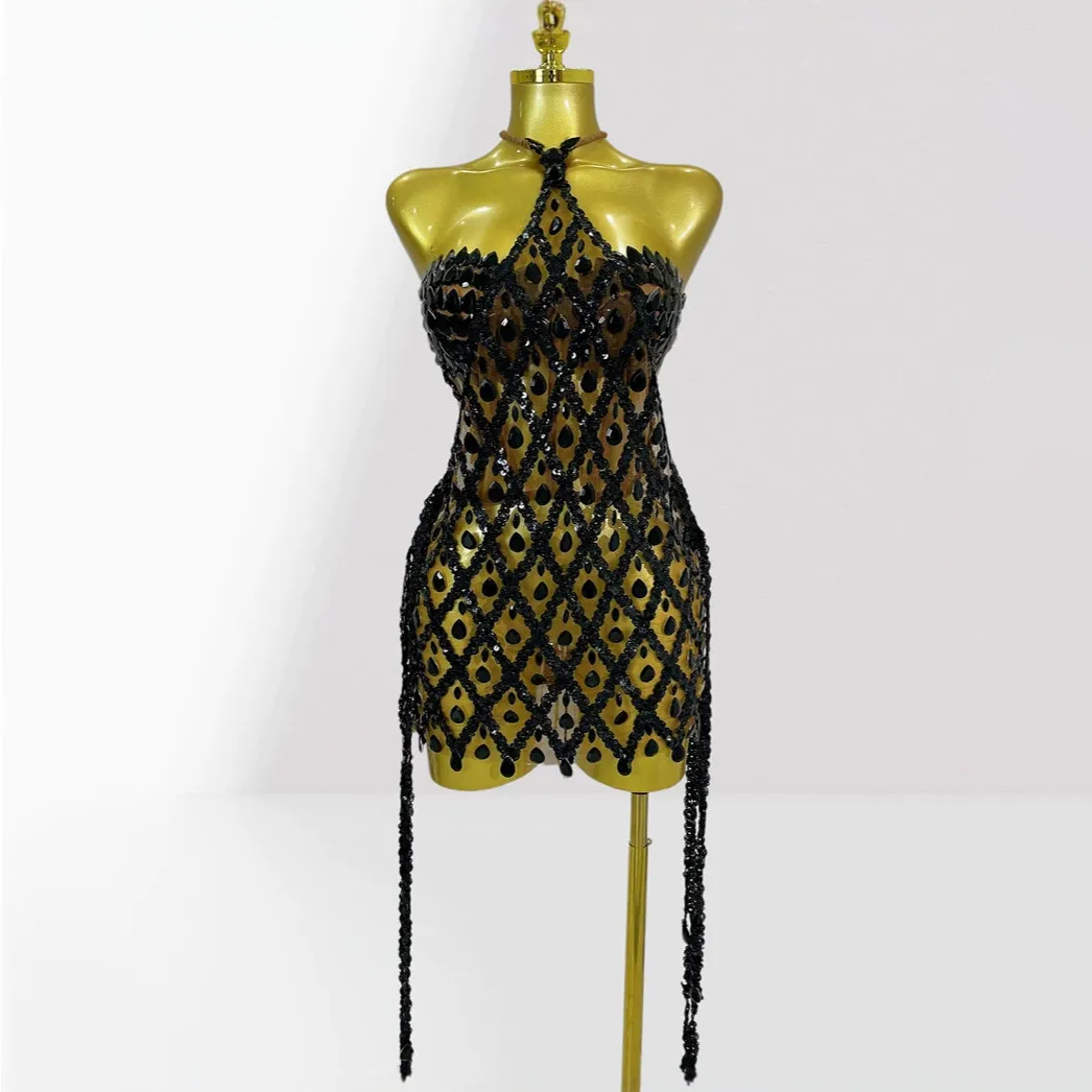 Women Fashion Sexy Solid Color Rhinestone See-Through Bra Halter-Neck Party Dress Two-Piece Set