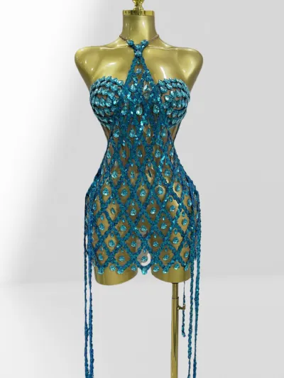 Women Fashion Sexy Solid Color Rhinestone See-Through Bra Halter-Neck Party Dress Two-Piece Set