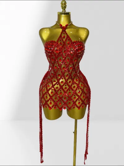 Women Fashion Sexy Solid Color Rhinestone See-Through Bra Halter-Neck Party Dress Two-Piece Set