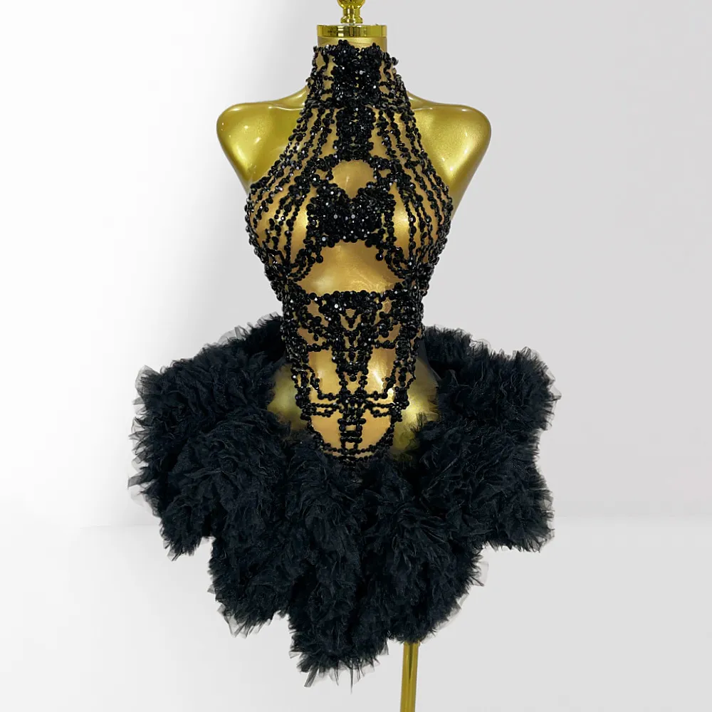 Women Fashion Sexy Rhinestone Perspective Mesh Stitching Tutu Party Dress