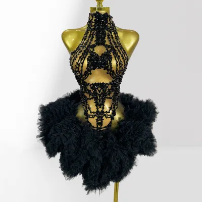 Women Fashion Sexy Rhinestone Perspective Mesh Stitching Tutu Party Dress