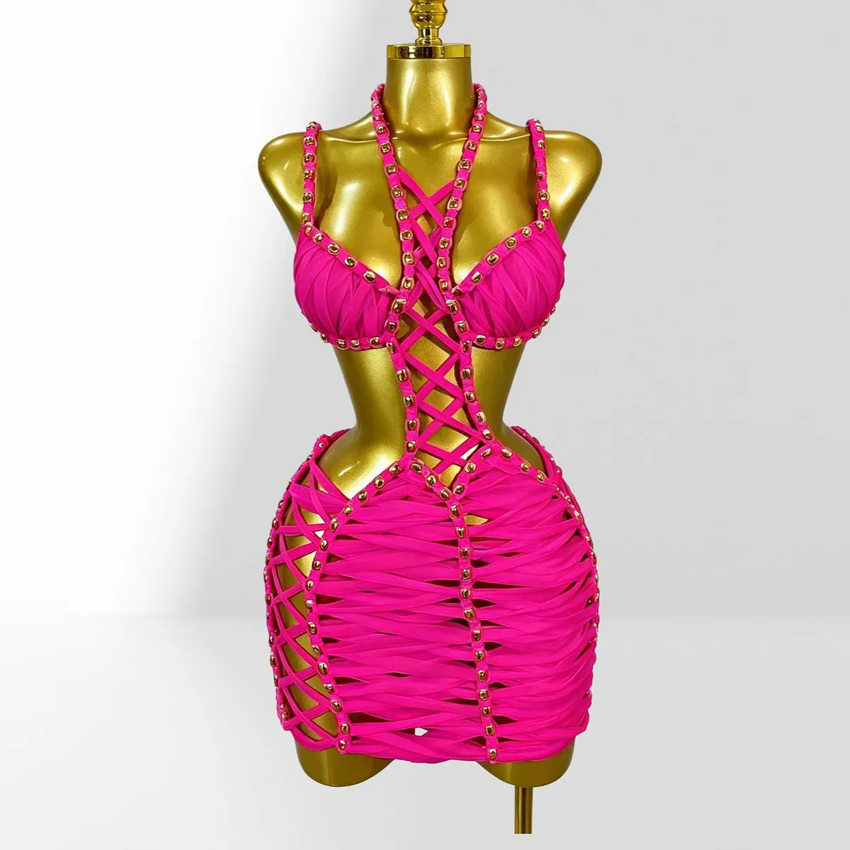 Women Fashion Sexy Solid Color Hollow Steel Bead Party Dress
