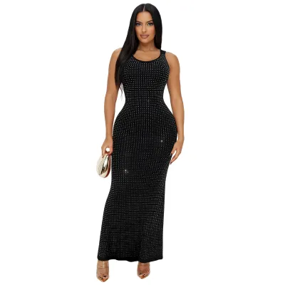 Women Fashion Sexysolid Color Rhinestone Sleeveless High Waist Slim-Fit Dress