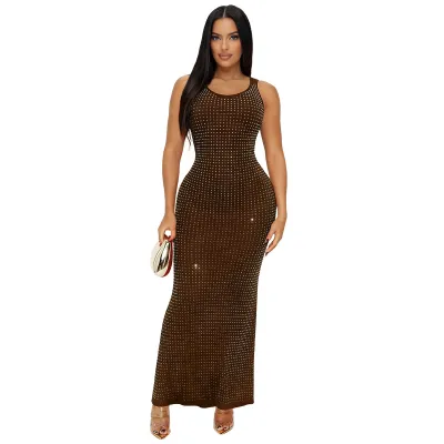 Women Fashion Sexysolid Color Rhinestone Sleeveless High Waist Slim-Fit Dress