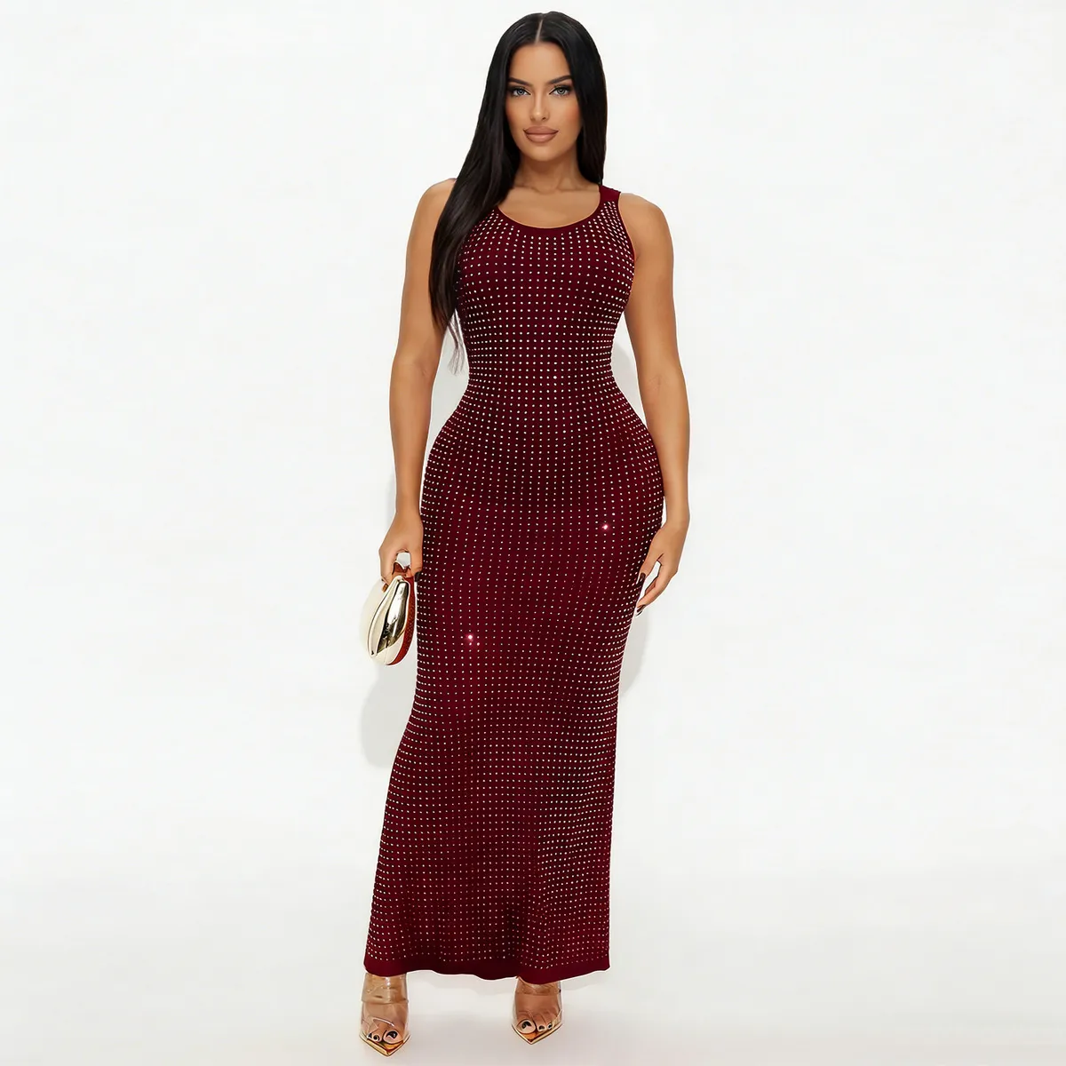 Women Fashion Sexysolid Color Rhinestone Sleeveless High Waist Slim-Fit Dress