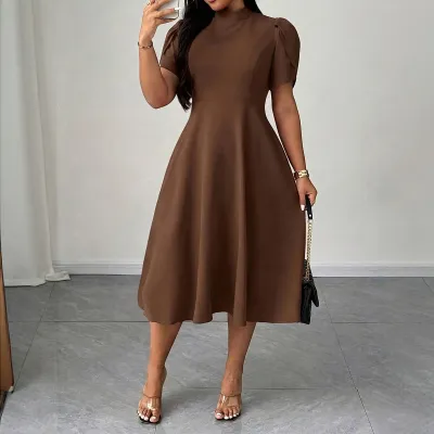 Women Fashion Casual Elegant Plus Size Solid Color Half-High Neck Short-Sleeve A-Line Dress