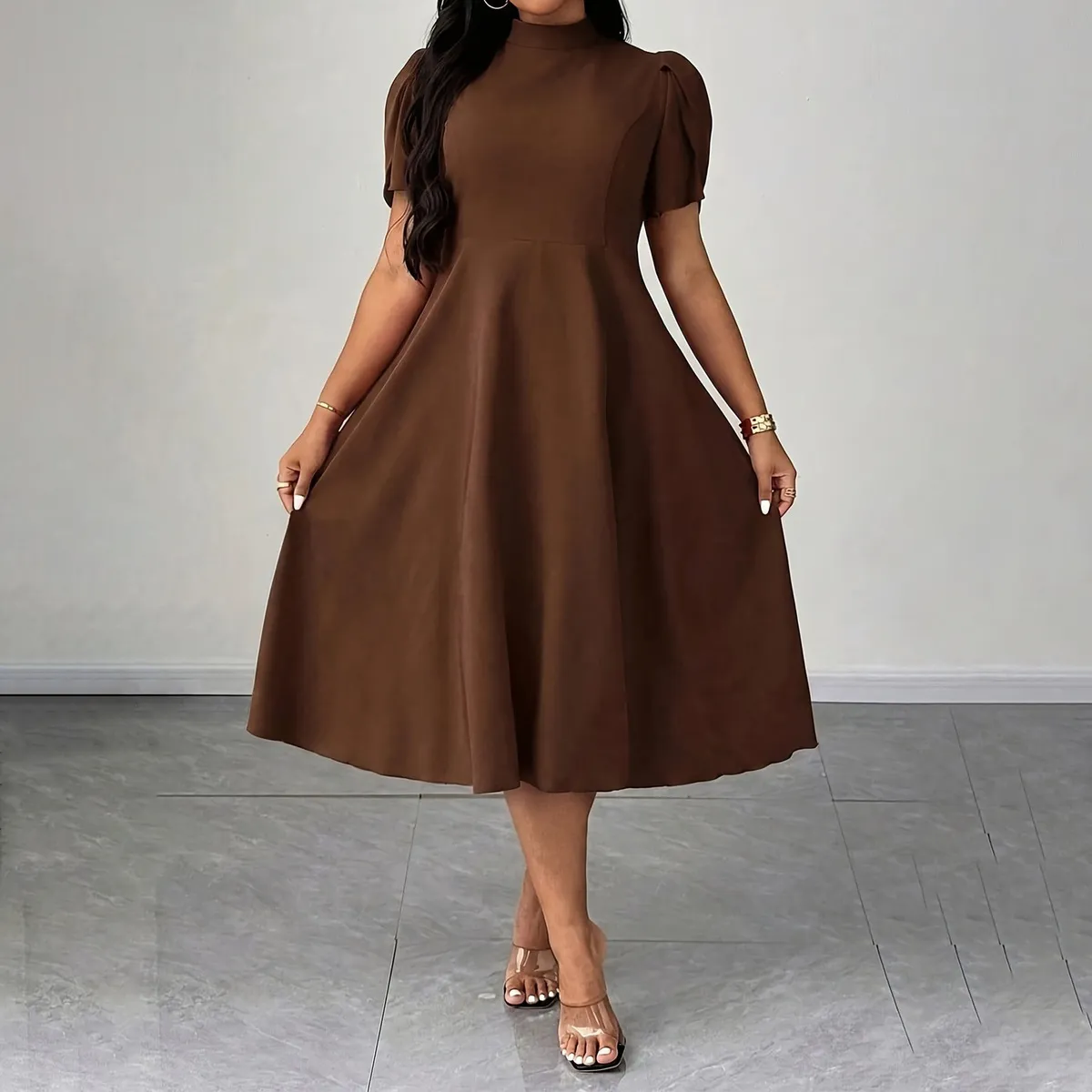 Women Fashion Casual Elegant Plus Size Solid Color Half-High Neck Short-Sleeve A-Line Dress