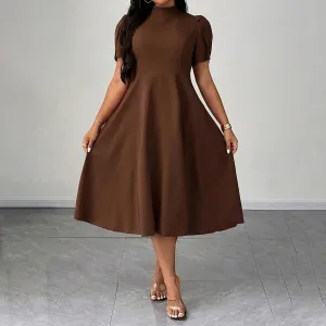 Women Fashion Casual Elegant Plus Size Solid Color Half-High Neck Short-Sleeve A-Line Dress