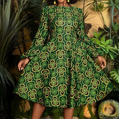 Women Fashion Casual Autumn Elegant Plus Size Printed Round Neck Long-Sleeve A-Line Dress