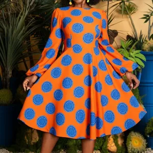 Women Fashion Casual Autumn Elegant Plus Size Printed Round Neck Long-Sleeve A-Line Dress