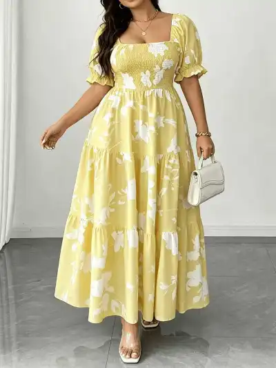 Women Fashion Casual Summer Plus Size Printed Square Neck Short-Sleeve Tight Waist Dress