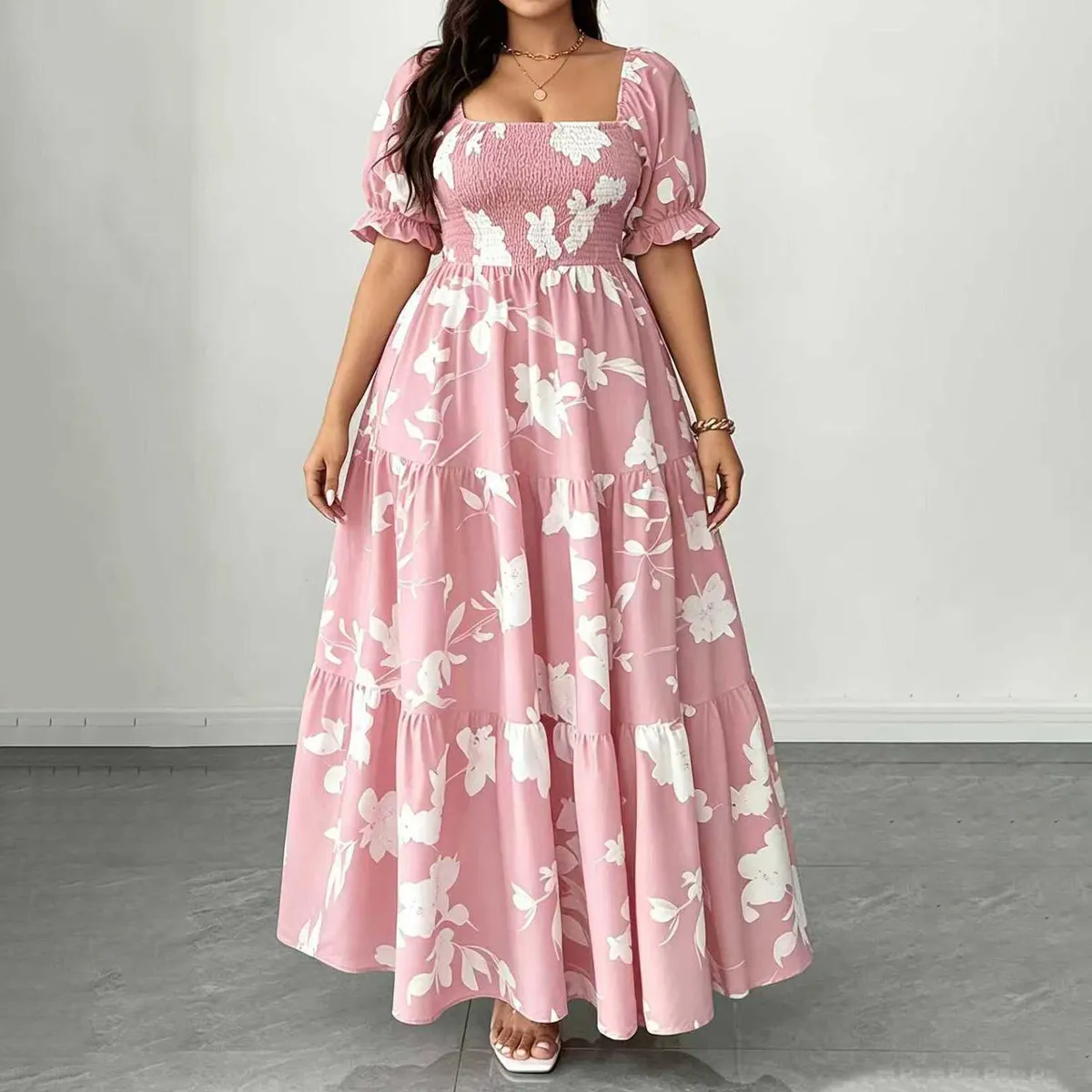 Women Fashion Casual Summer Plus Size Printed Square Neck Short-Sleeve Tight Waist Dress