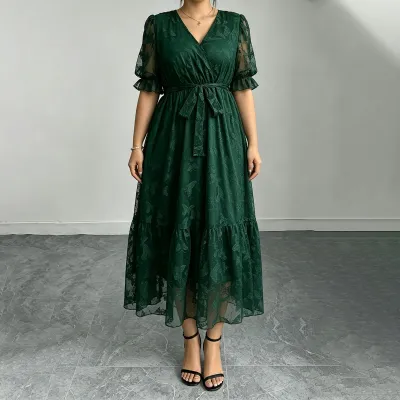 Women Fashion Casual Elegant Summer Plus Size Solid Color Lace V-Neck Trumpet Sleeve Tight Waist Loose Dress