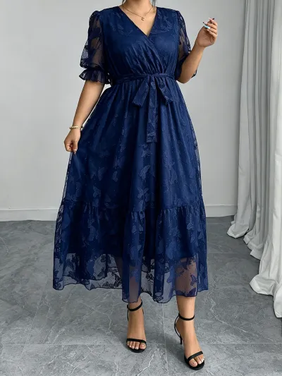 Women Fashion Casual Elegant Summer Plus Size Solid Color Lace V-Neck Trumpet Sleeve Tight Waist Loose Dress