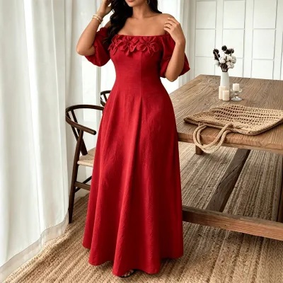 Vestido elegante de mujer de talla grande, color liso, sin hombros y con estampado floral tridimensional, corte en A, ideal para el verano.