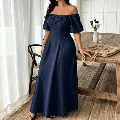 Women Fashion Elegant Summer Plus Size Solid Color Off-Shoulder Three-Dimensional Floral A-Line Dress