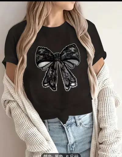 Women Fashion Casual Cotton Bow Print Short-Sleeve Round Neck Short Sleeve Loose T-Shirt