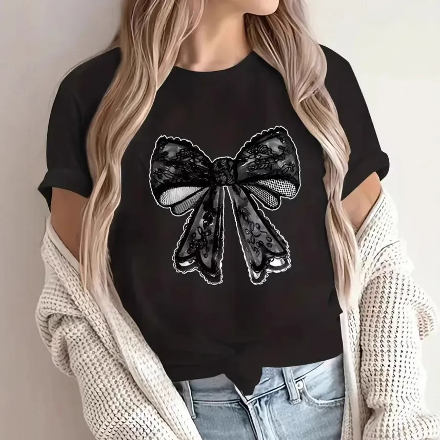 Women Fashion Casual Cotton Bow Print Short-Sleeve Round Neck Short Sleeve Loose T-Shirt