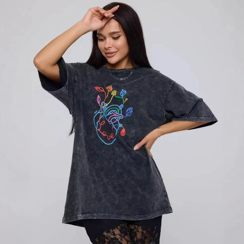 Women Fashion Casual Retro Washed Letter Printed Cotton Short-Sleeve T-Shirt