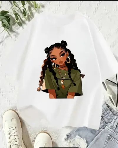 Women Fashion Casual Summer African Girls Cartoon Letter Printed Cotton Short-Sleeve T-Shirt